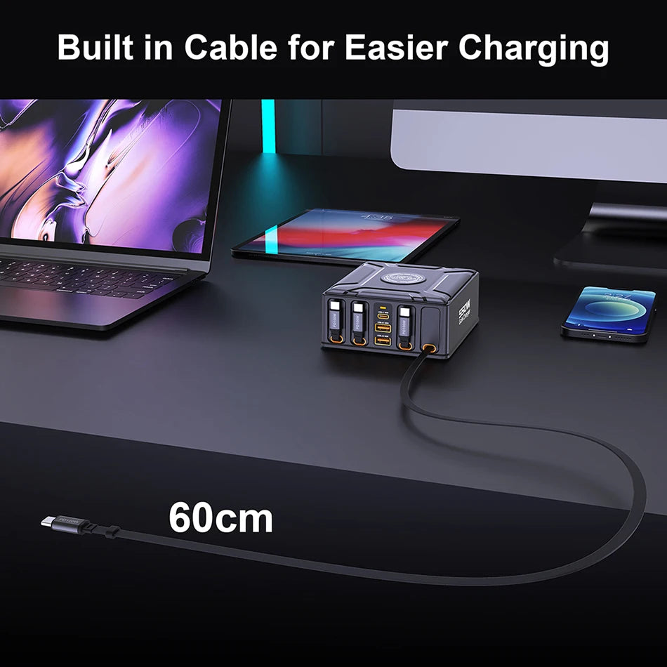 550W 7-in-1 GaN Fast Charging Station with 4 Built-in Retractable Cables - 11