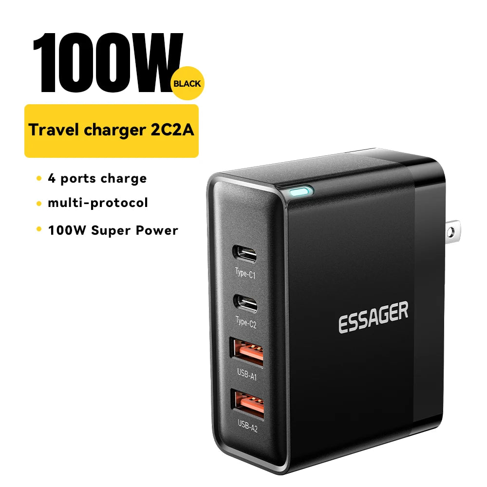 100W GaN Fast Charger - 4-Port USB-C Desktop Power Adapter for Laptop & Phone - 19