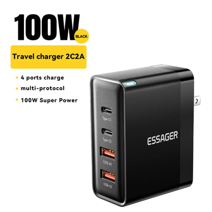 100W GaN Fast Charger - 4-Port USB-C Desktop Power Adapter for Laptop & Phone