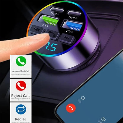 66W Fast Charge Bluetooth FM Transmitter - 4-Port Car MP3 Player Adapter