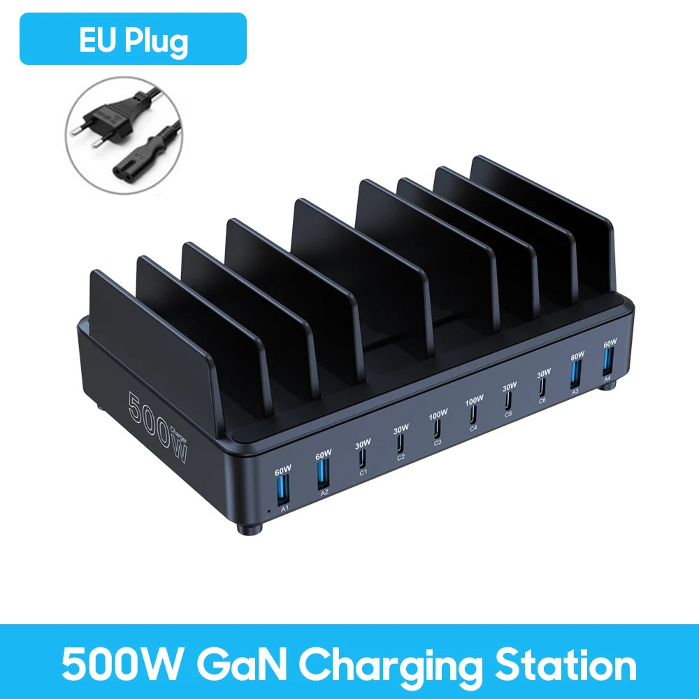 500W 10-Port GaN USB-C Charging Station for Laptops & Mobile Devices - 20