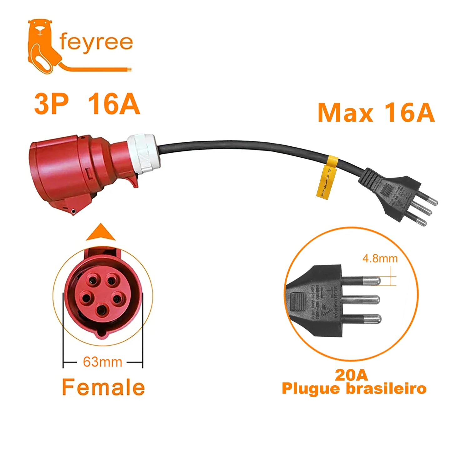 EV Charger CEE Female to Brazil 10A/20A Plug Adapter 7KW Portable Cable