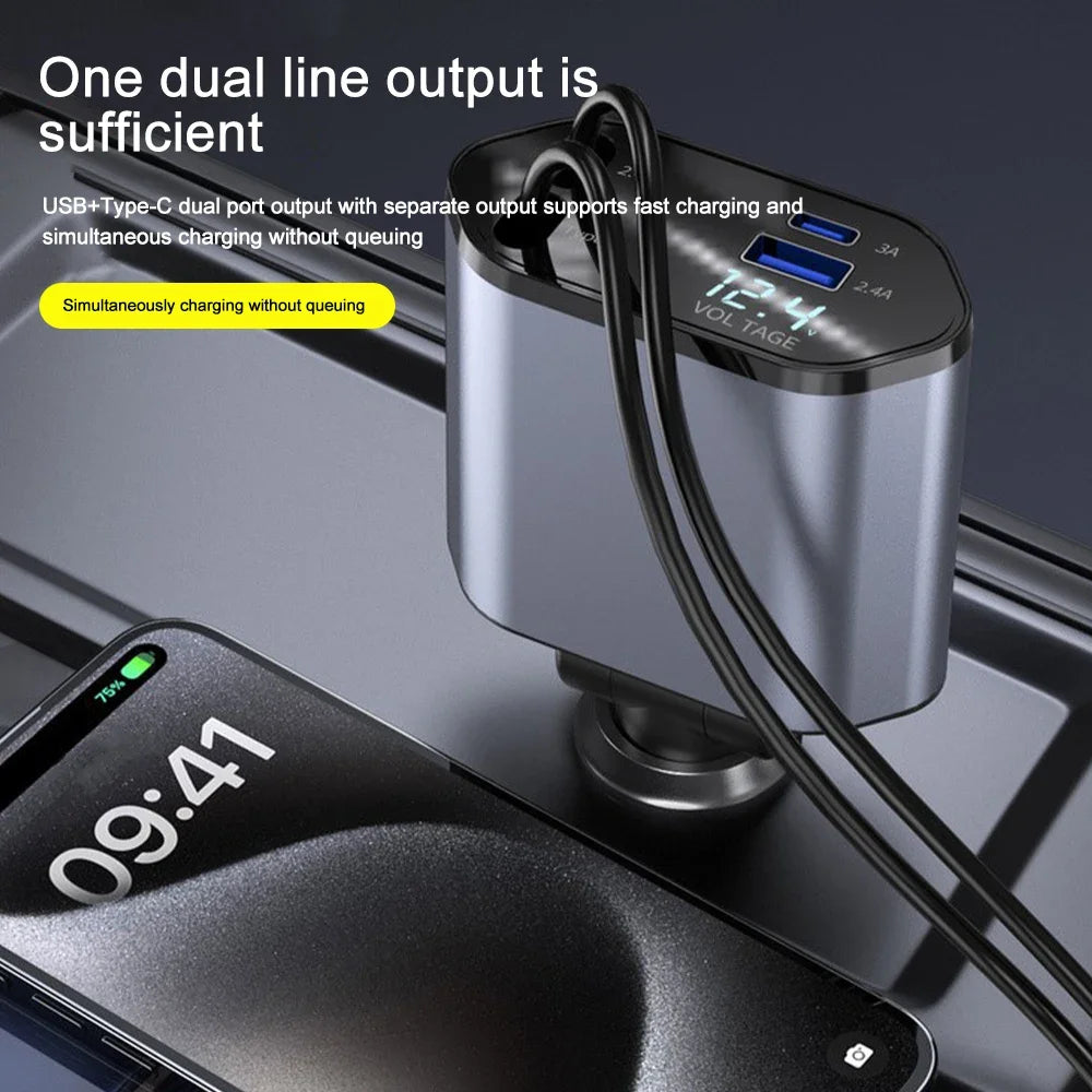 120W Retractable Fast Car Charger with 4-in-1 Charging Ports