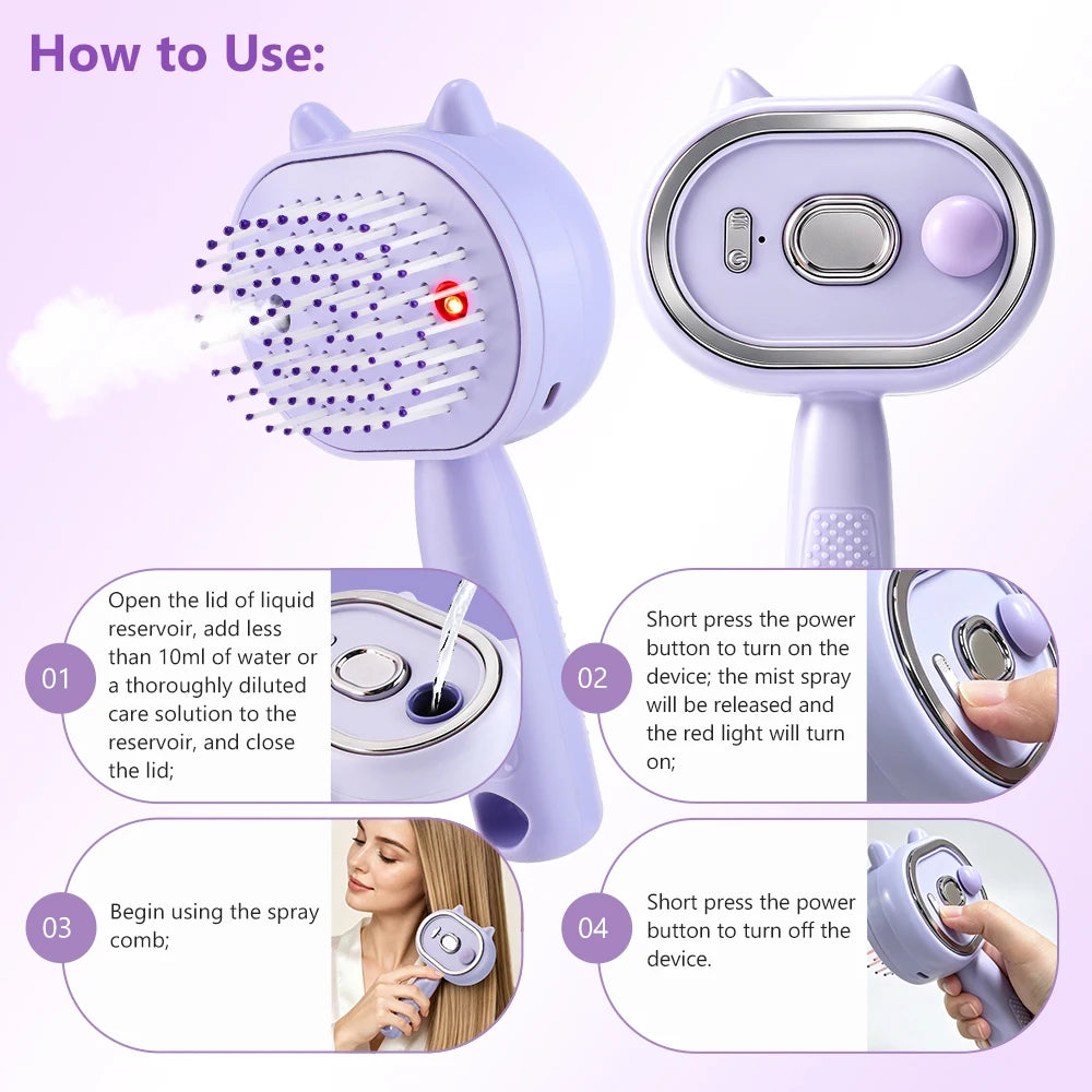Electric Mist Spray Massage Hair Comb with Red Light Therapy & Detangler - 15
