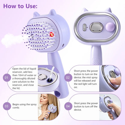Electric Mist Spray Massage Hair Comb with Red Light Therapy & Detangler