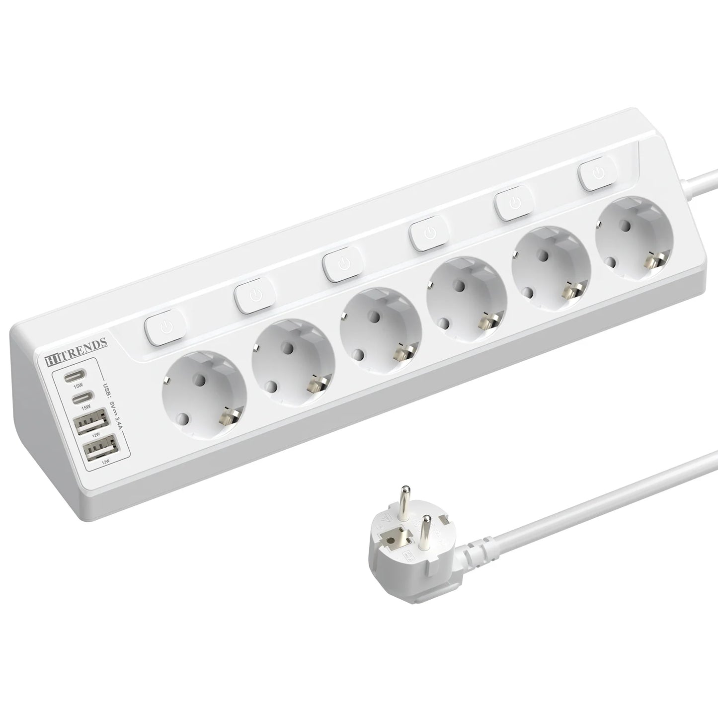 6-Outlet European Power Strip with 4 USB Fast Charging Ports & 2m Cord
