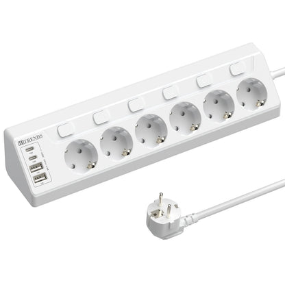 6-Outlet European Power Strip with 4 USB Fast Charging Ports & 2m Cord