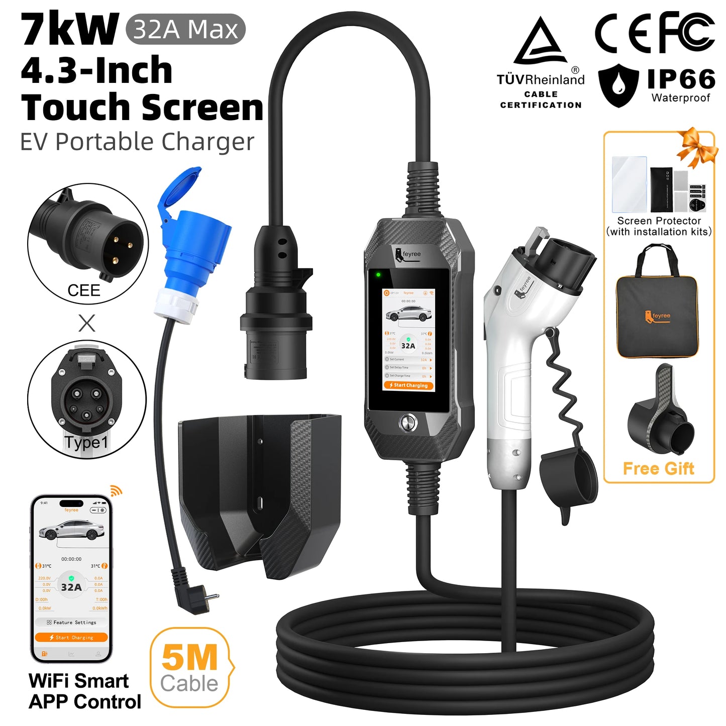 Portable 7kW EV Charger with 4.3" Touchscreen & Smart WiFi App Control