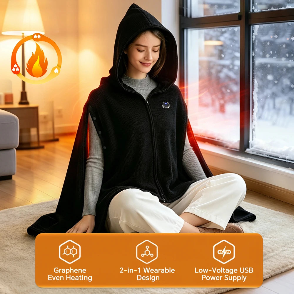 Graphene Heated Hooded Wearable Shawl Blanket with 3 Adjustable Temperature Settings - 7