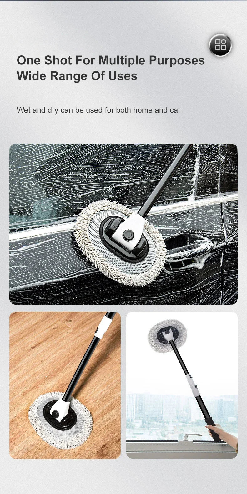 Telescopic Car Wash Mop with 15° Curved Handle & Microfiber Brush