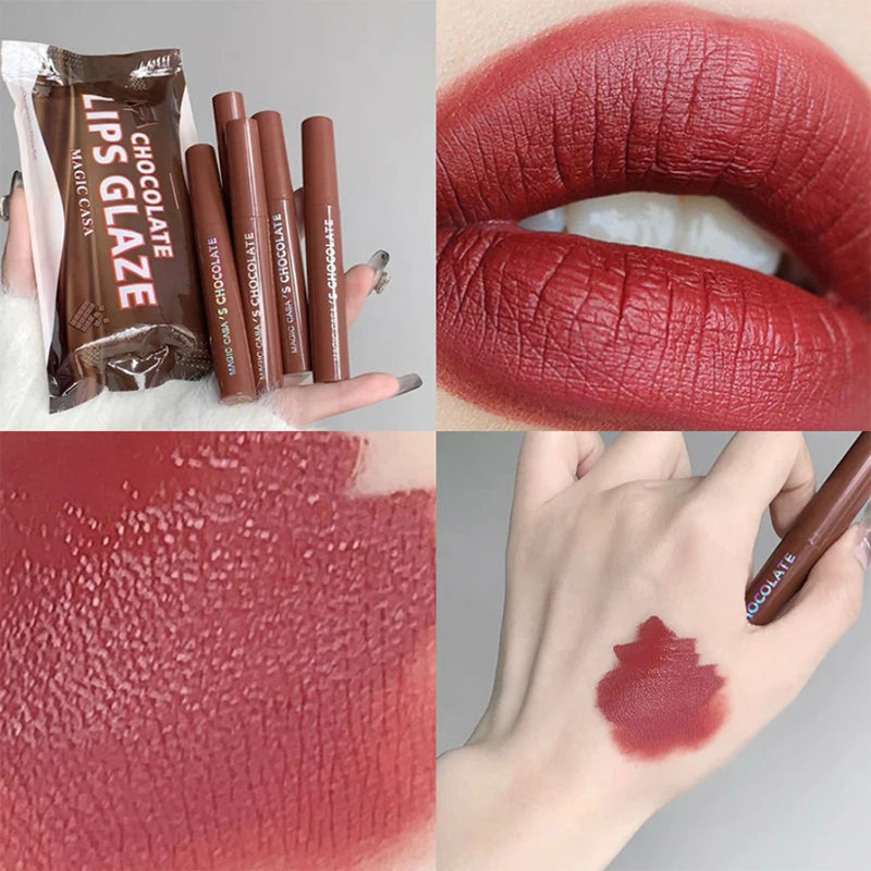 5-Piece Chocolate Matte Lip Glaze Set - Long-Lasting Waterproof Lip Tint