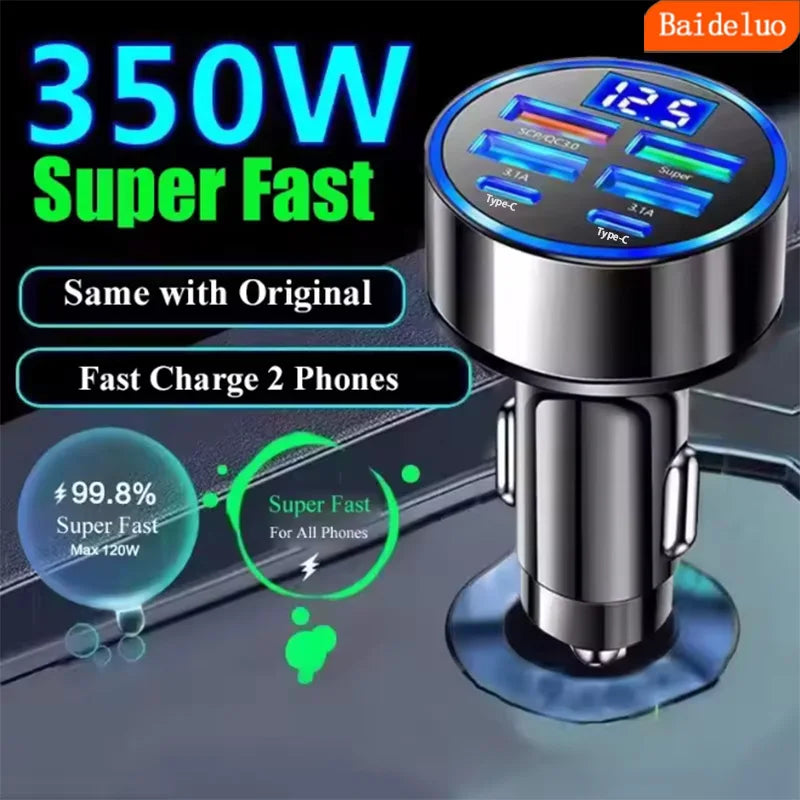 350W Fast Car Charger - 6-Port USB-C PD & QC3.0 Adapter with LED Display