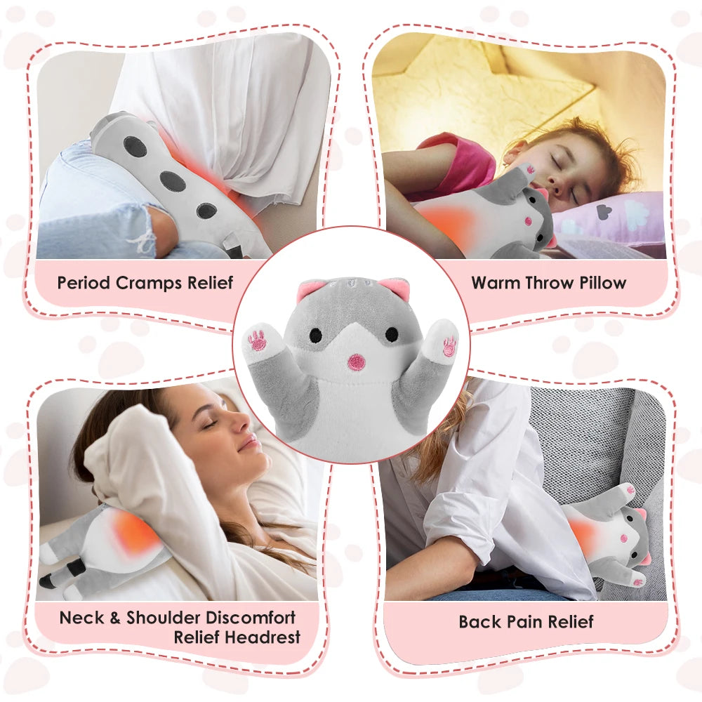 USB Heated Cat Plush Pillow - Adjustable Warming Cushion for Comfort and Pain Relief
