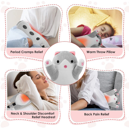 USB Heated Cat Plush Pillow - Adjustable Warming Cushion for Comfort and Pain Relief