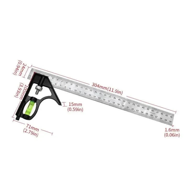 300mm Stainless Steel Combination Square Ruler - Adjustable Angle Gauge
