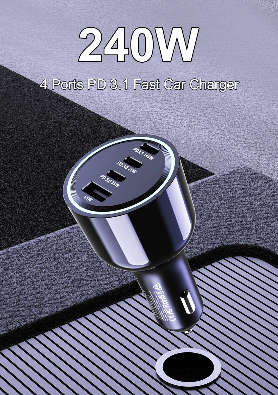 240W 4-Port USB-C Car Charger - PD 3.1 Super Fast Charging Adapter