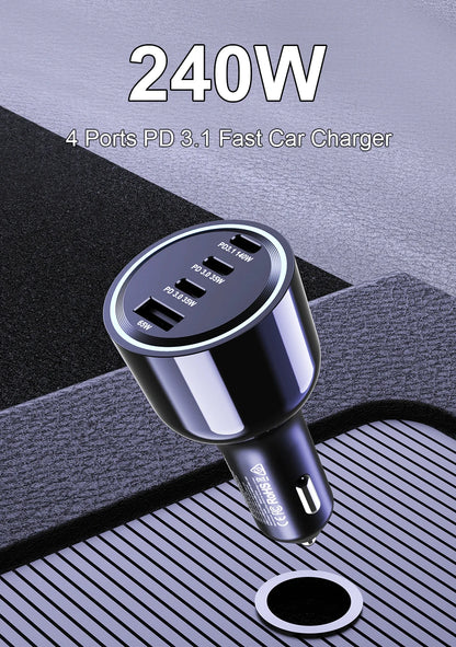 240W 4-Port USB-C Car Charger - PD 3.1 Super Fast Charging Adapter