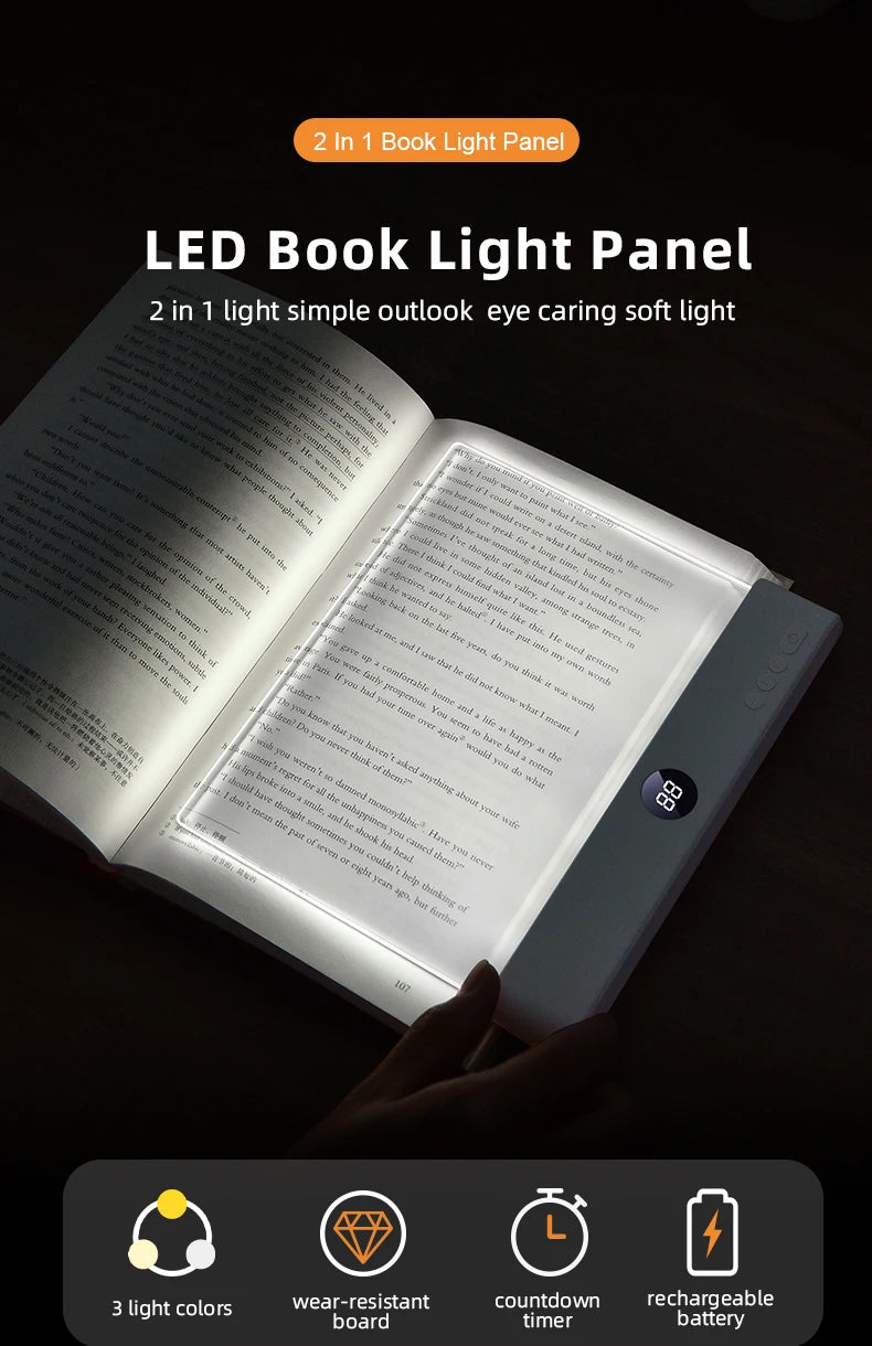 Flat Panel LED Book Reading Light - Rechargeable Eye-Caring Night Light with Timer