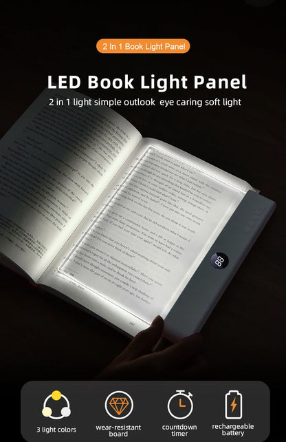 Flat Panel LED Book Reading Light - Rechargeable Eye-Caring Night Light with Timer