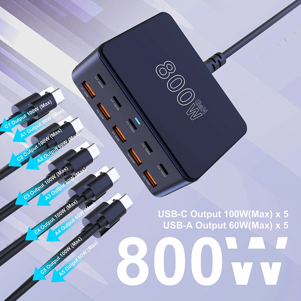 100W GaN Desktop Fast Charging Station - 10-Port USB-C & USB-A Power Hub - 4