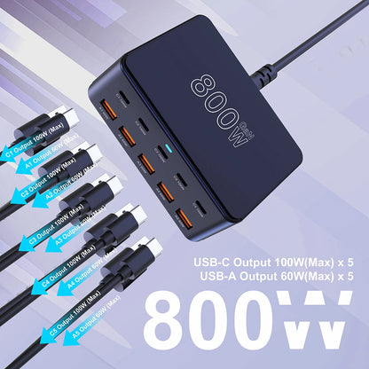 10-Port 100W GaN Fast Charging Station for Laptops, iPhone, & Android