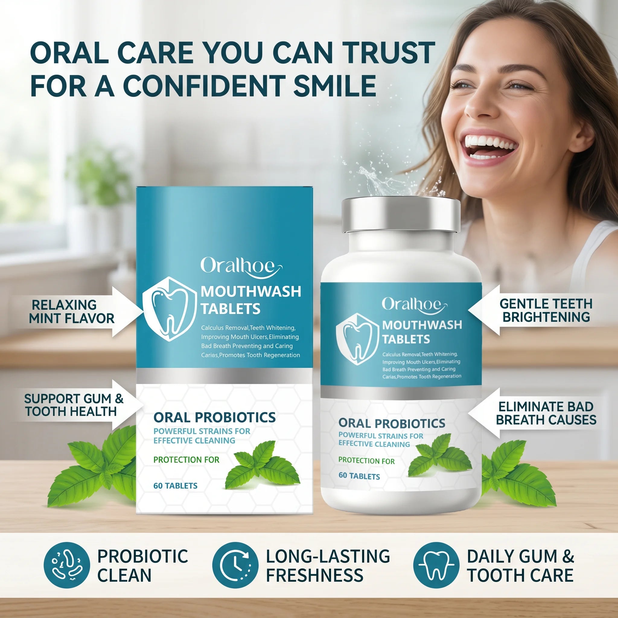Probiotic Teeth Whitening Mouthwash Tablets for Fresh Breath & Oral Care - 2