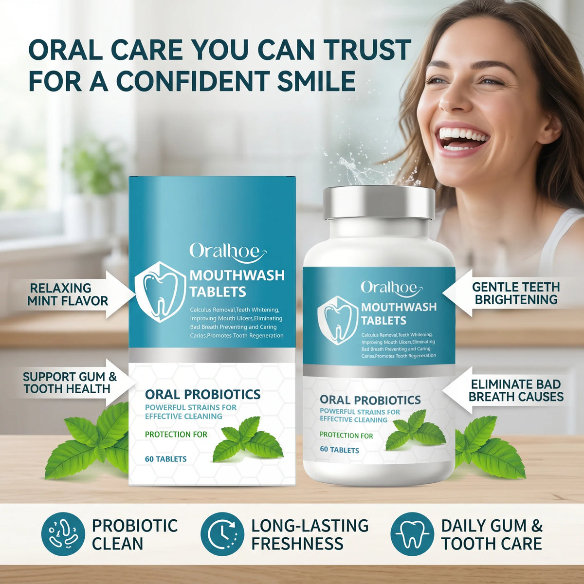 Probiotic Teeth Whitening Mouthwash Tablets for Fresh Breath & Oral Care
