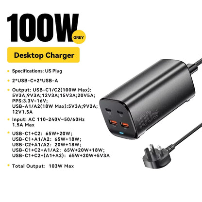 100W GaN Desktop Fast Charger - 4-Port USB-C PD Charging Station