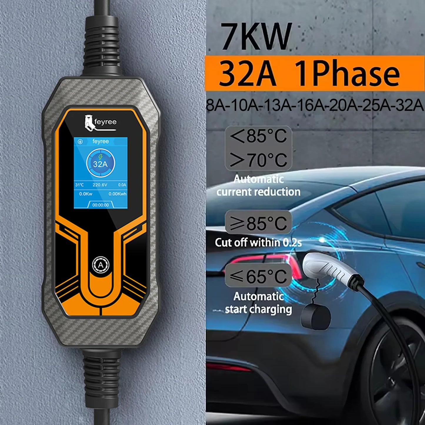 7KW Portable EV Charger Type 2 - Adjustable 32A Electric Vehicle Charging Box