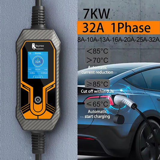 7KW Portable EV Charger Type 2 - Adjustable 32A Electric Vehicle Charging Box