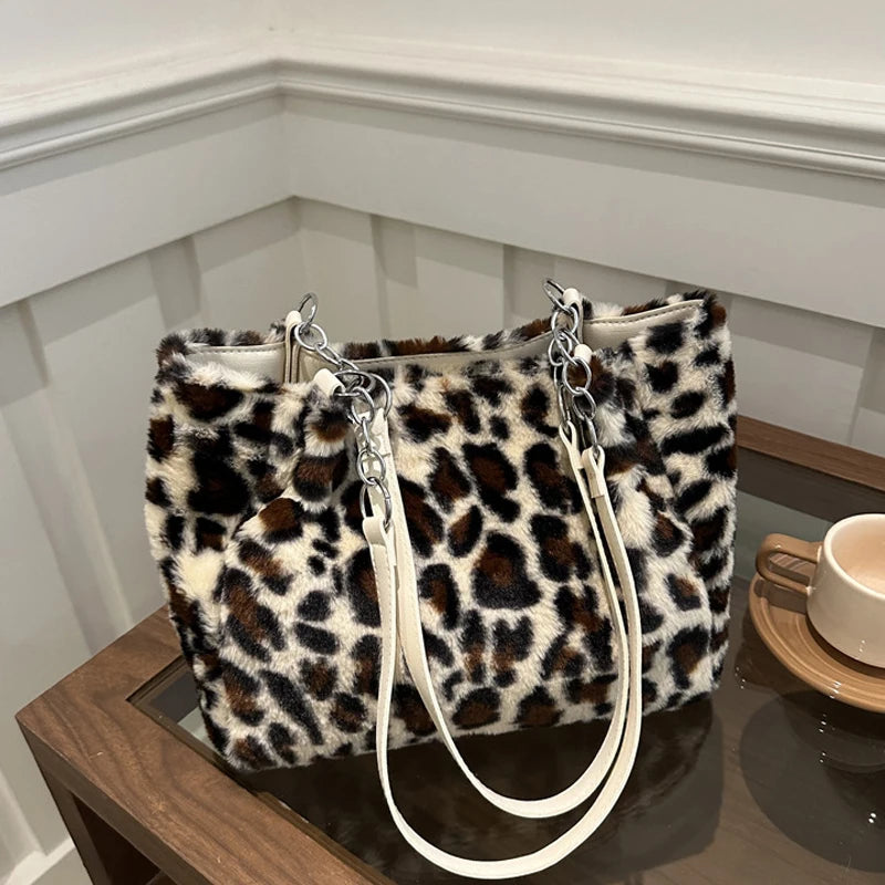 Luxury Leopard Fluffy Fur Tote