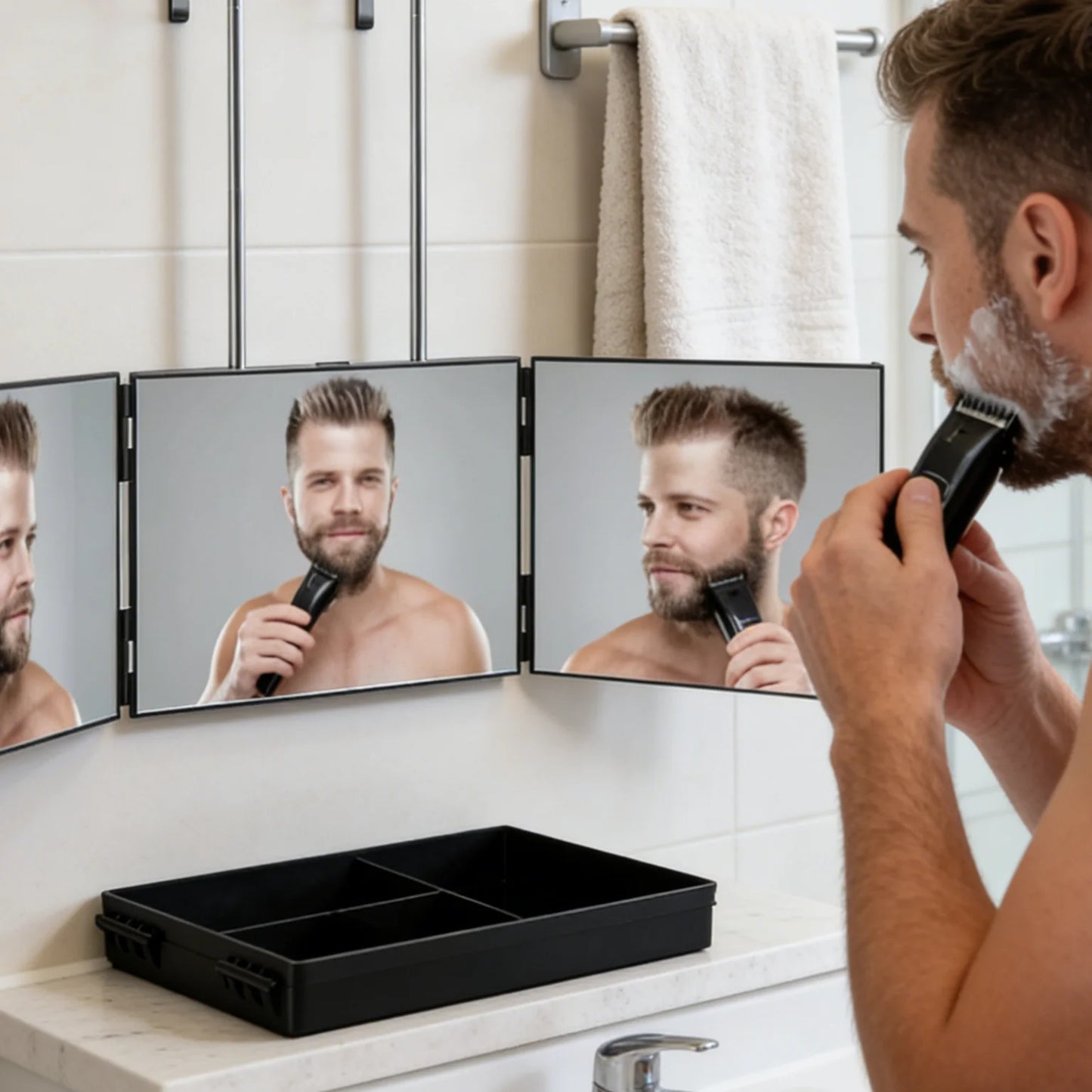 360 Trifold Makeup & Hair Cutting Mirror with Telescoping Hooks