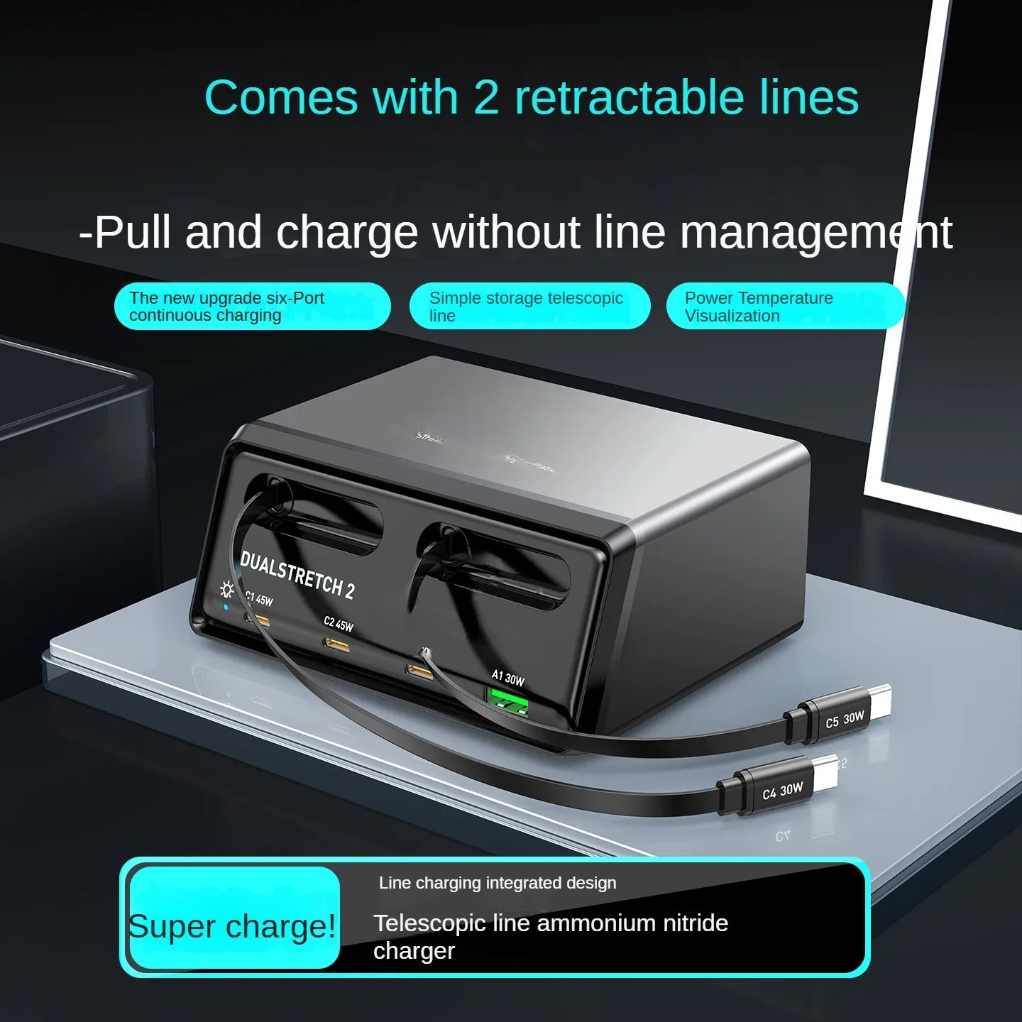 6-in-1 Retractable Fast Charging Station 210W USB-C Desktop Power Hub - 2