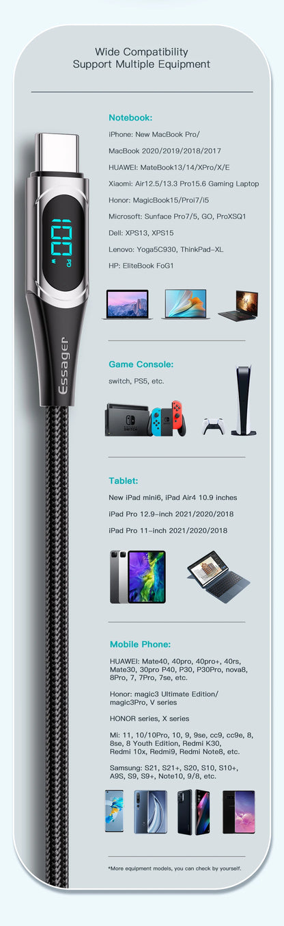 Essager 100W USB-C to USB-C Fast Charging Cable with LED Display