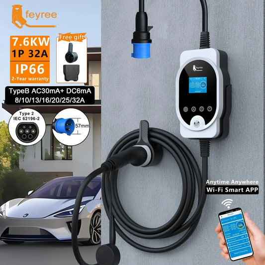7KW Type 2 EV Wallbox Charger - Smart Wi-Fi App Control Fast Charging