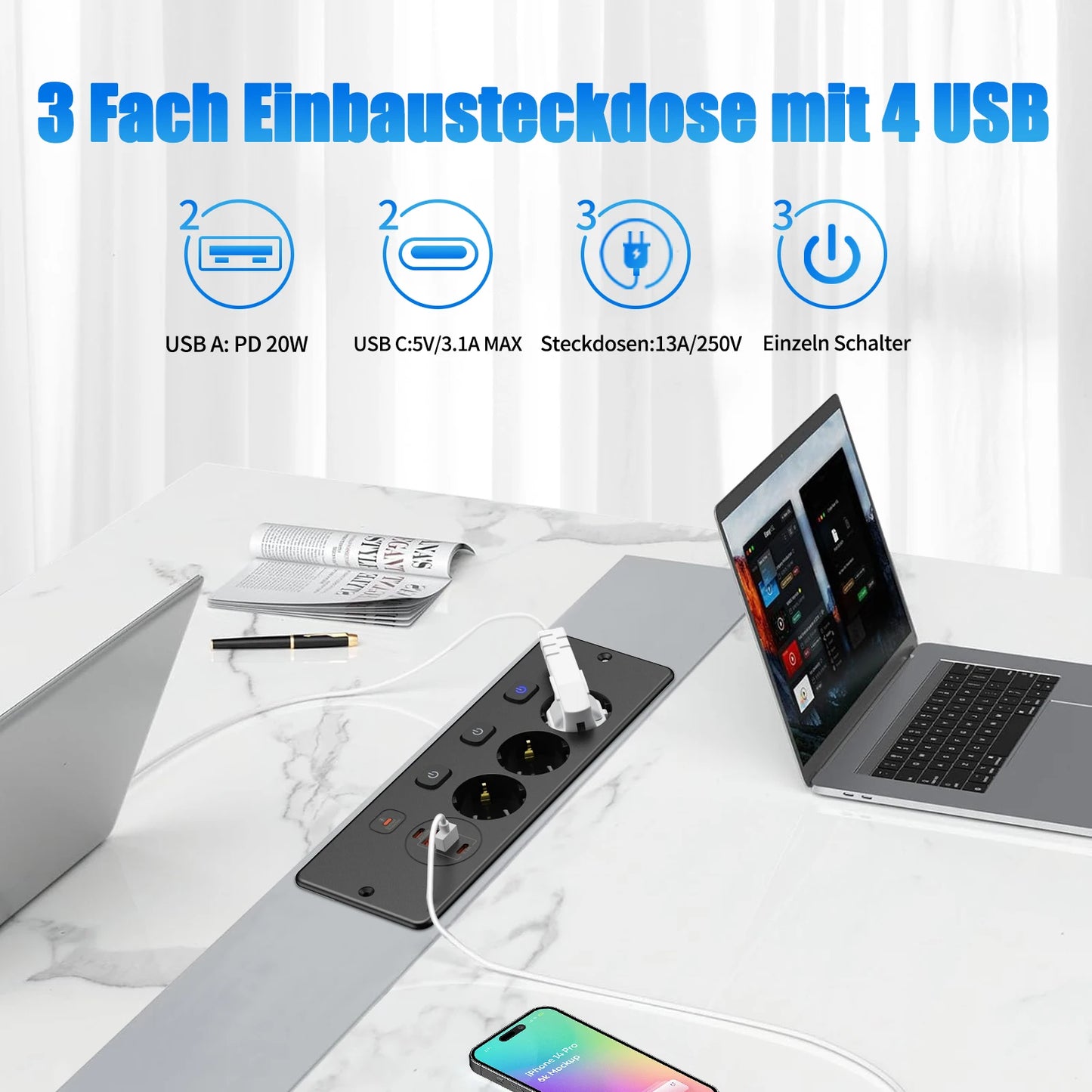 EU Desktop Power Strip with 5 AC Sockets & 4 USB Ports - 3250W Fast Charge