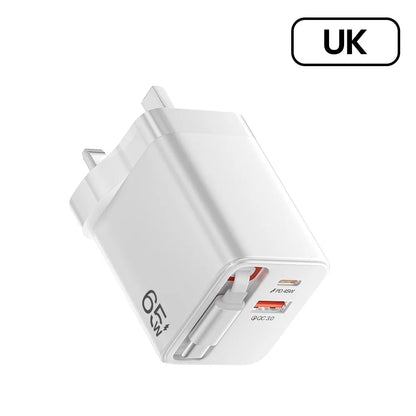 65W Retractable USB-C Fast Charger - Portable PD Travel Adapter for Laptop