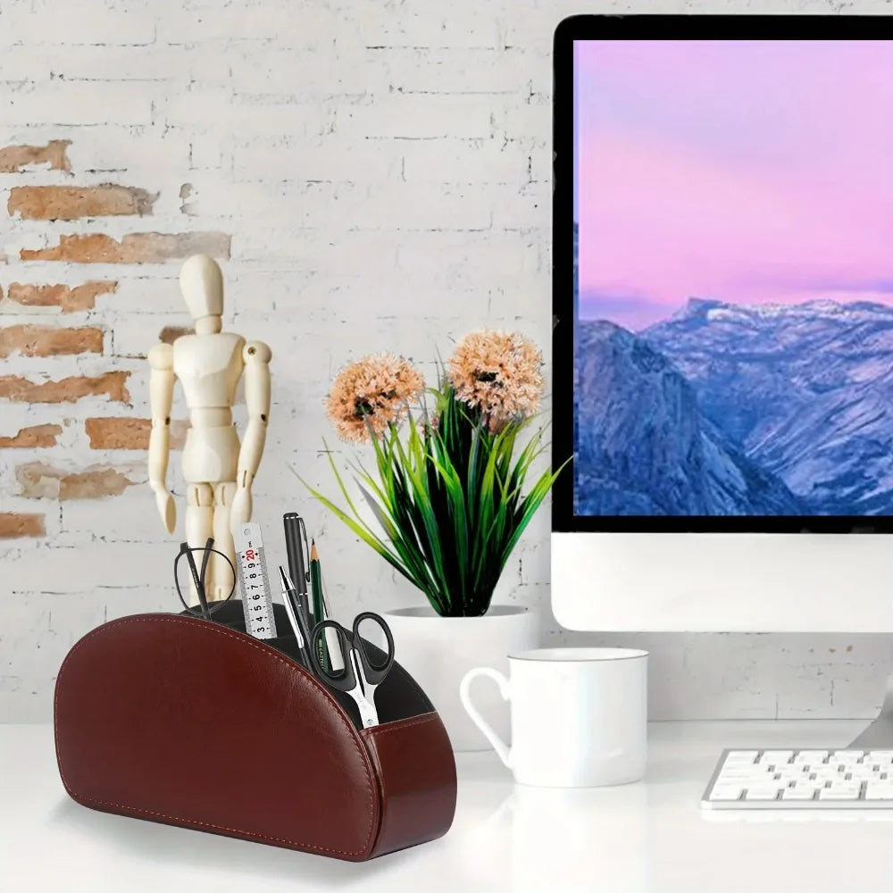 5-Compartment PU Leather Remote Control Organizer Desktop Storage Box - 9