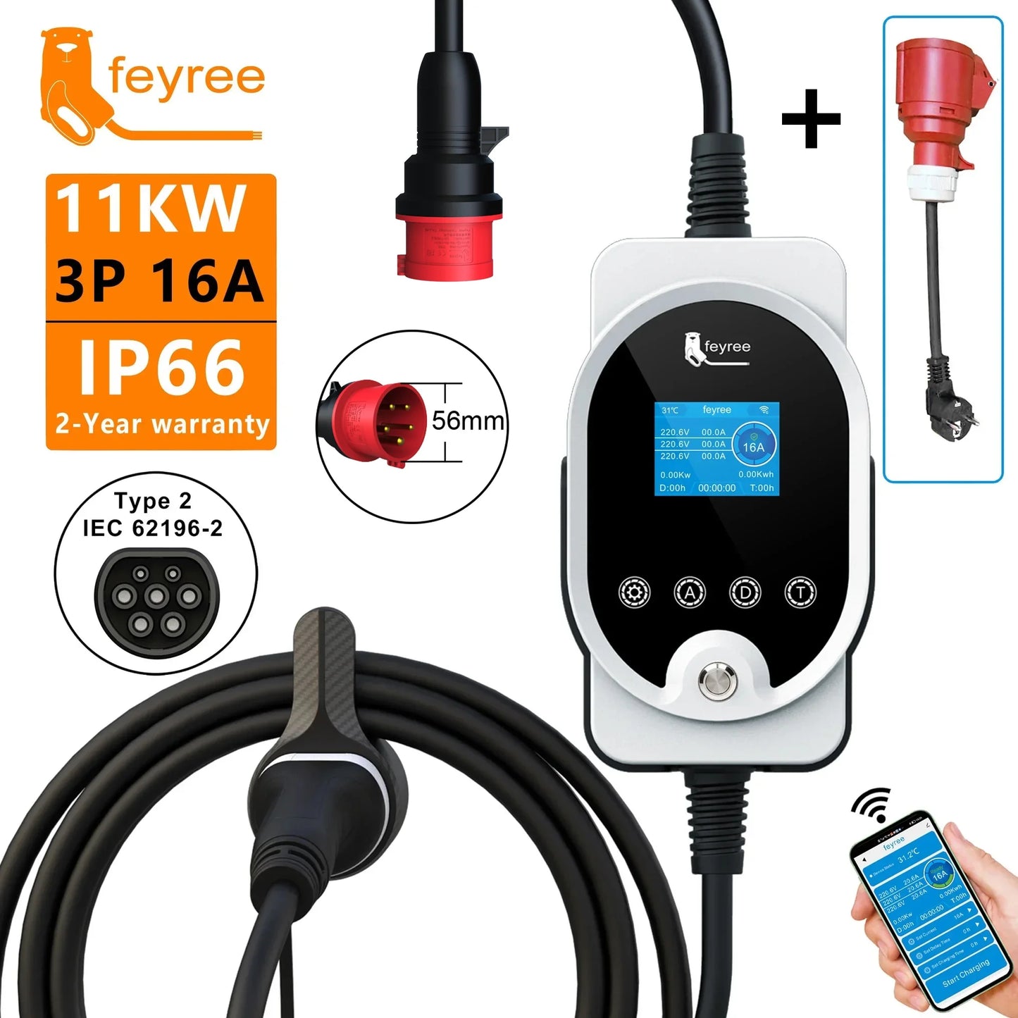 11KW Type 2 Smart EV Wallbox Charger - Portable 3-Phase Electric Car Station