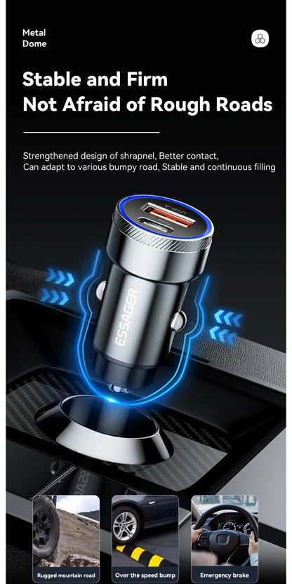 Essager 54W Dual Port Fast Car Charger - USB-C & USB-A PD/QC 3.0 Adapter