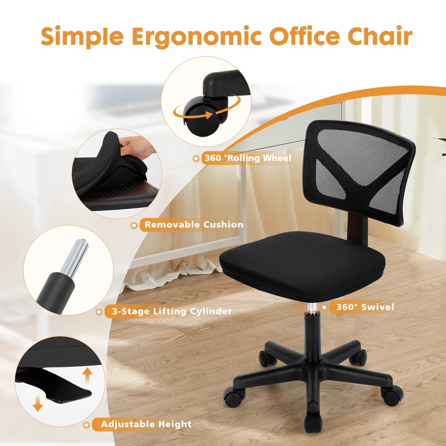 Ergonomic Mesh Armless Office Chair with Lumbar Support & Adjustable Height