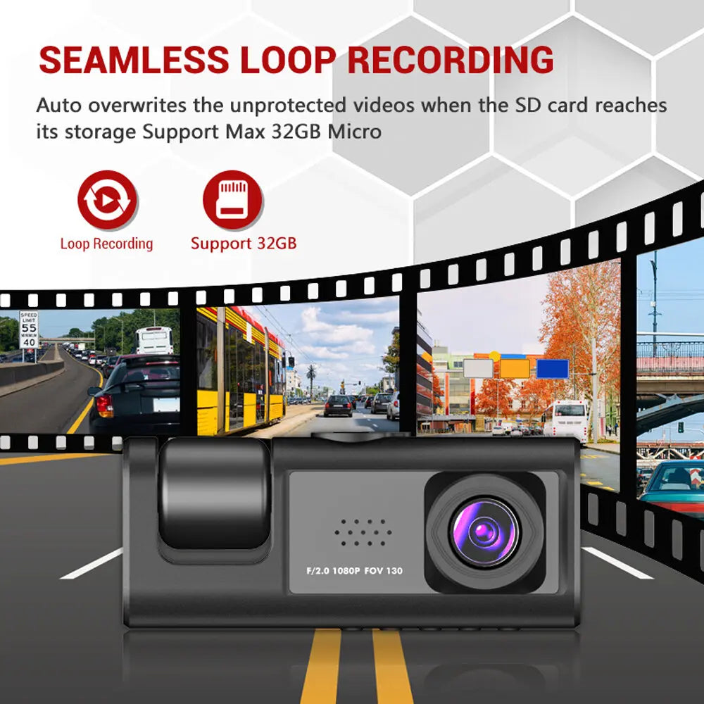 3-Lens 1080P Dash Cam with IR Night Vision, Loop Recording & G-Sensor - 3