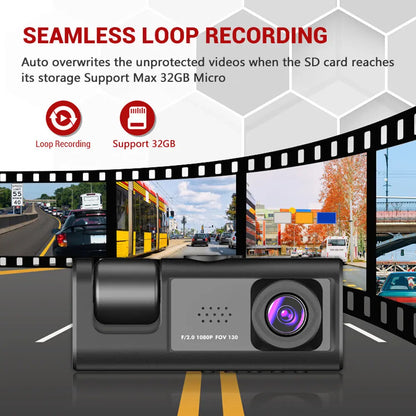3-Lens 1080P Dash Cam with IR Night Vision, Loop Recording & G-Sensor