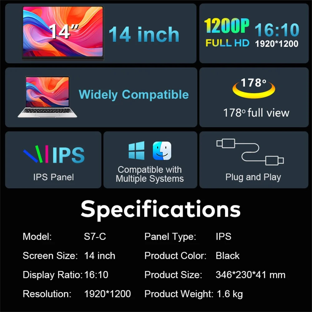 14-16" Dual Screen Laptop Monitor Extender - FHD IPS Portable Triple Display - 3