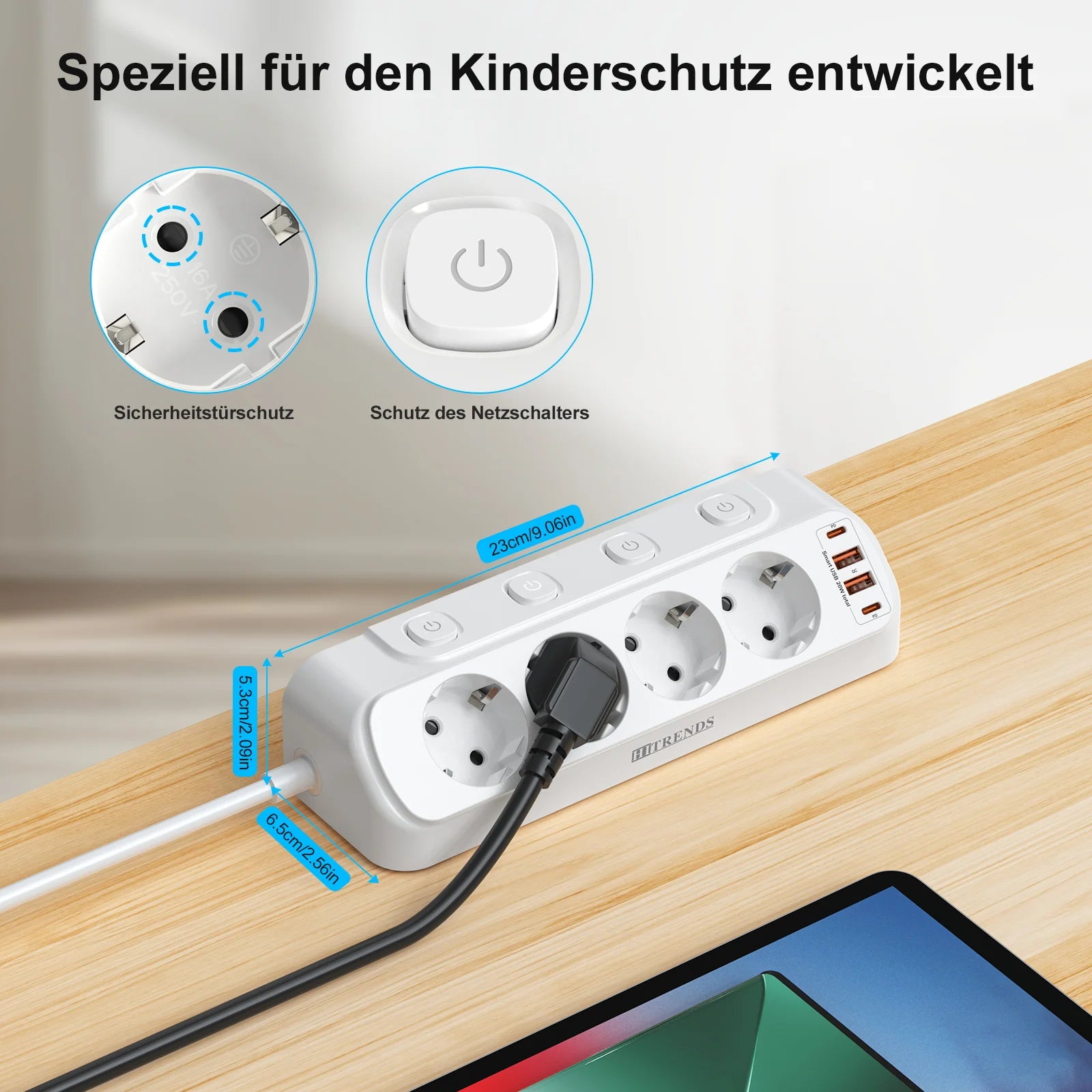 8-in-1 EU Power Strip with 4 Outlets, 2 USB-C & 2 USB-A Fast Charging - 3