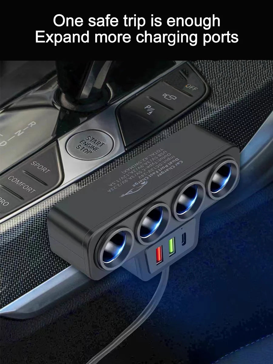 120W Super Fast Car Charger with 4-Port USB C Multi-Device Adapter