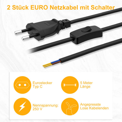 European Standard Power Cord with Switch - 2-Pin DIY Extension Cable