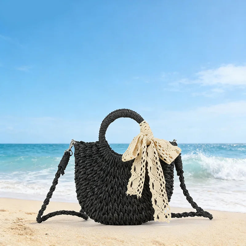 Luxury Lace Bow Straw Bag