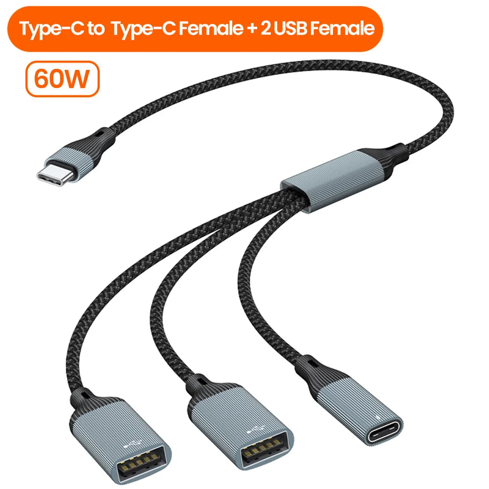USB C Hub Splitter Adapter - 60W PD Fast Charging & Data Transfer Cable - 24