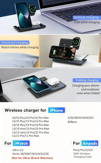 3-in-1 Foldable Wireless Charging Station for iPhone, Apple Watch & AirPods
